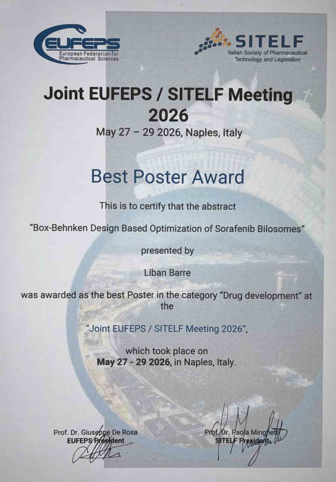 Anadolu &Uuml;niversitesine Napoli&rsquo;den &rsquo;En İyi Poster&rsquo; &ouml;d&uuml;l&uuml;