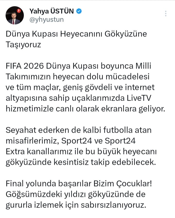 FIFA 2026 D&uuml;nya Kupası ma&ccedil;ları THY u&ccedil;aklarında canlı yayınlanacak