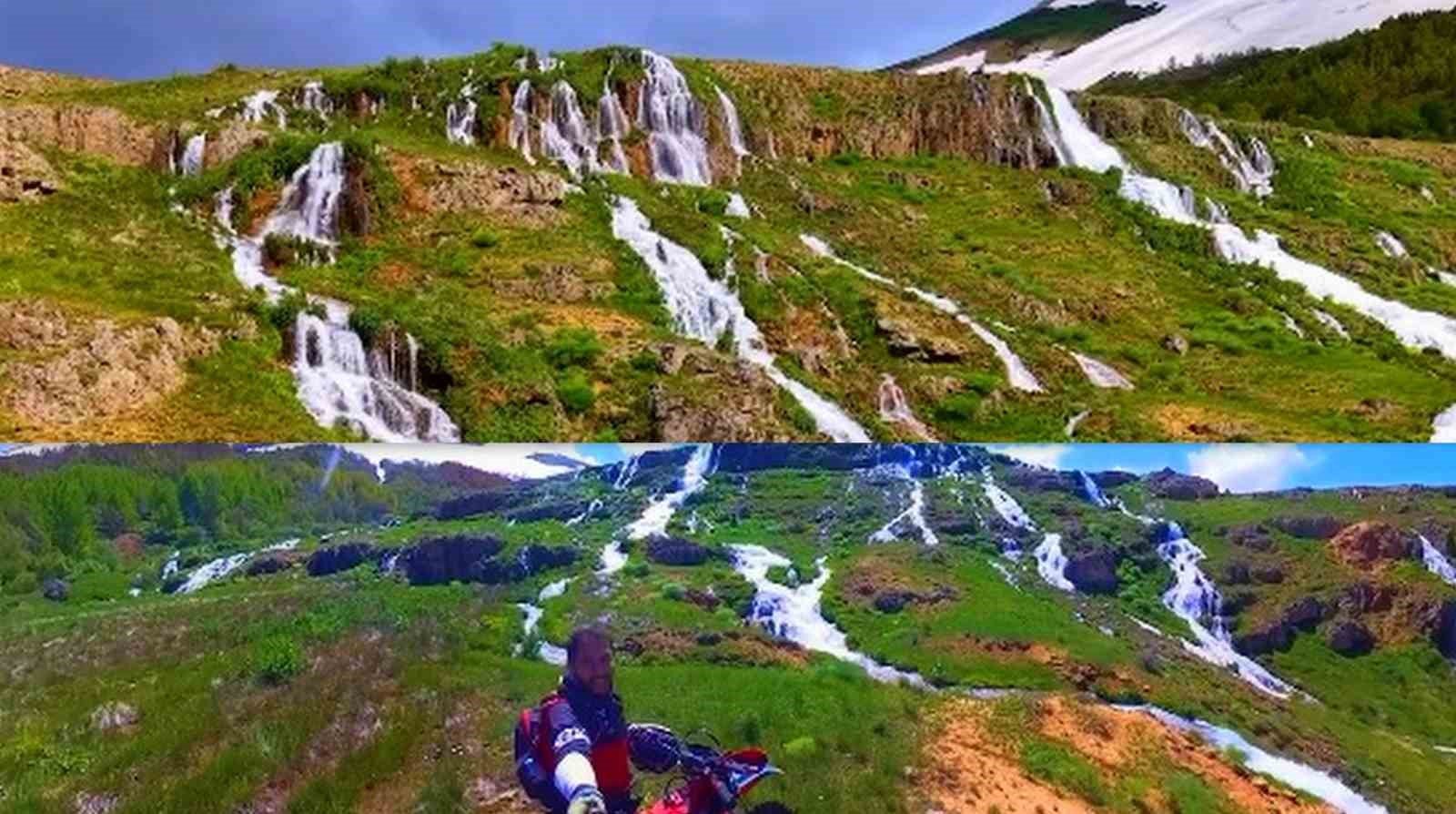 Motokroscuların kamerasından Erzincan&rsquo;ın saklı cenneti Konarlı Şelalesi