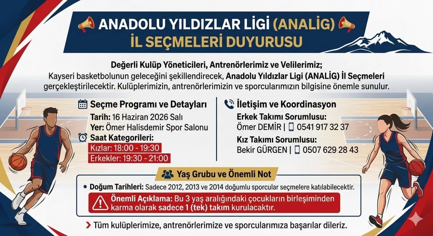 Anadolu Yıldızlar Ligi Basketbol İl Se&ccedil;meleri 16 Haziran&rsquo;da yapılacak